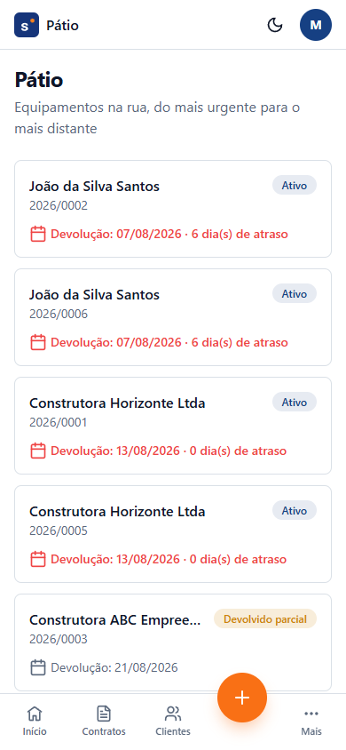 Tela de pátio do SIGLE no celular, com devoluções em atraso destacadas